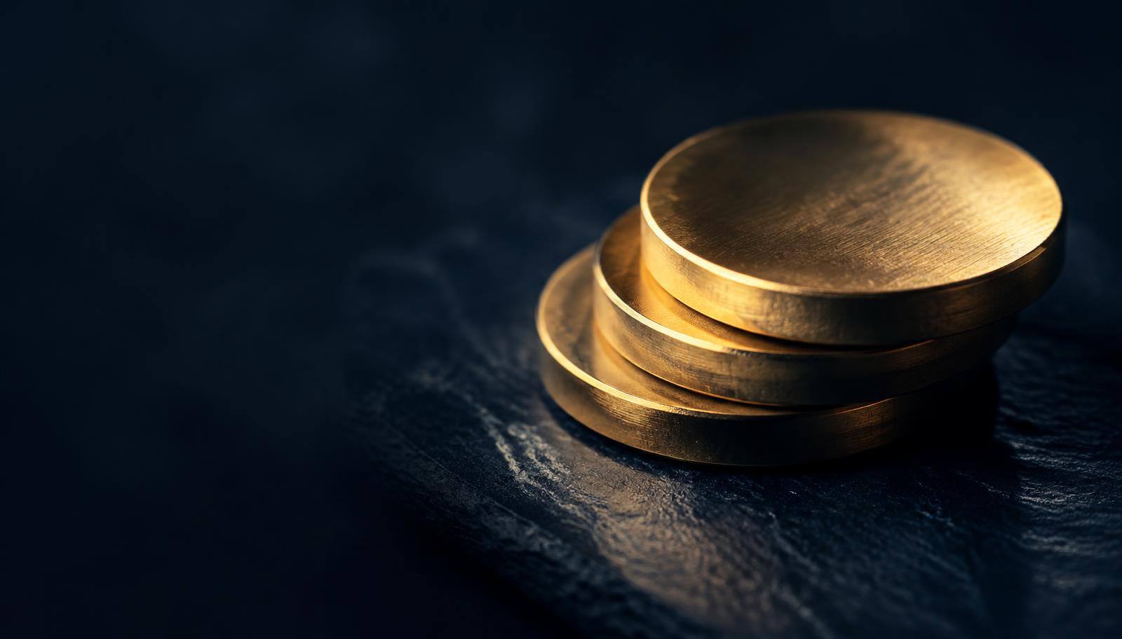 Stack of brushed gold tokens on dark slate
